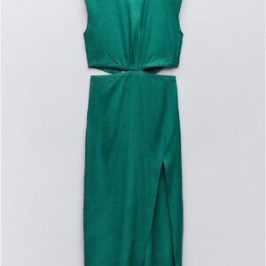 NWT ZARA XS WOMAN LINEN BLEND GREEN CUT OUT MIDI DRESS 8279/376 NWT